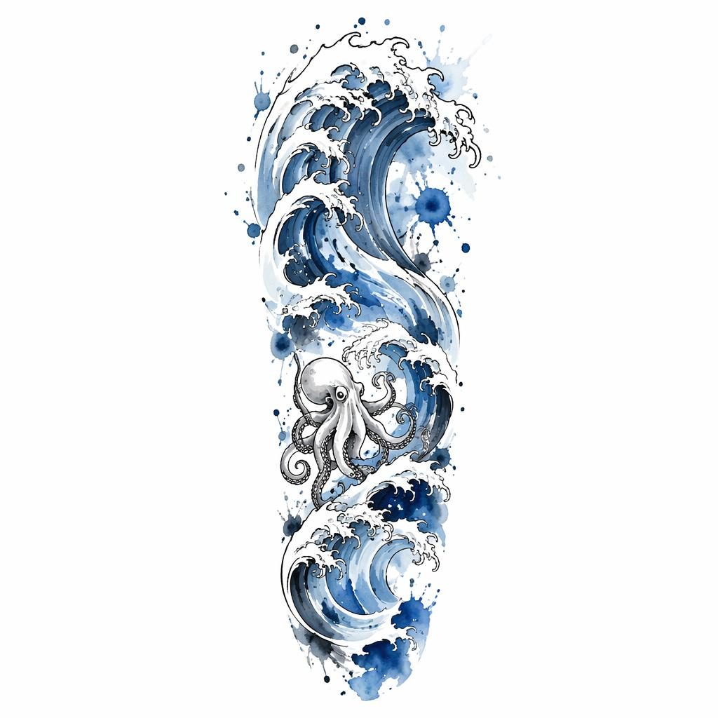 Tattoo design on white paper showing a Japanese wave full sleeve in watercolor splash style with sharp black lines