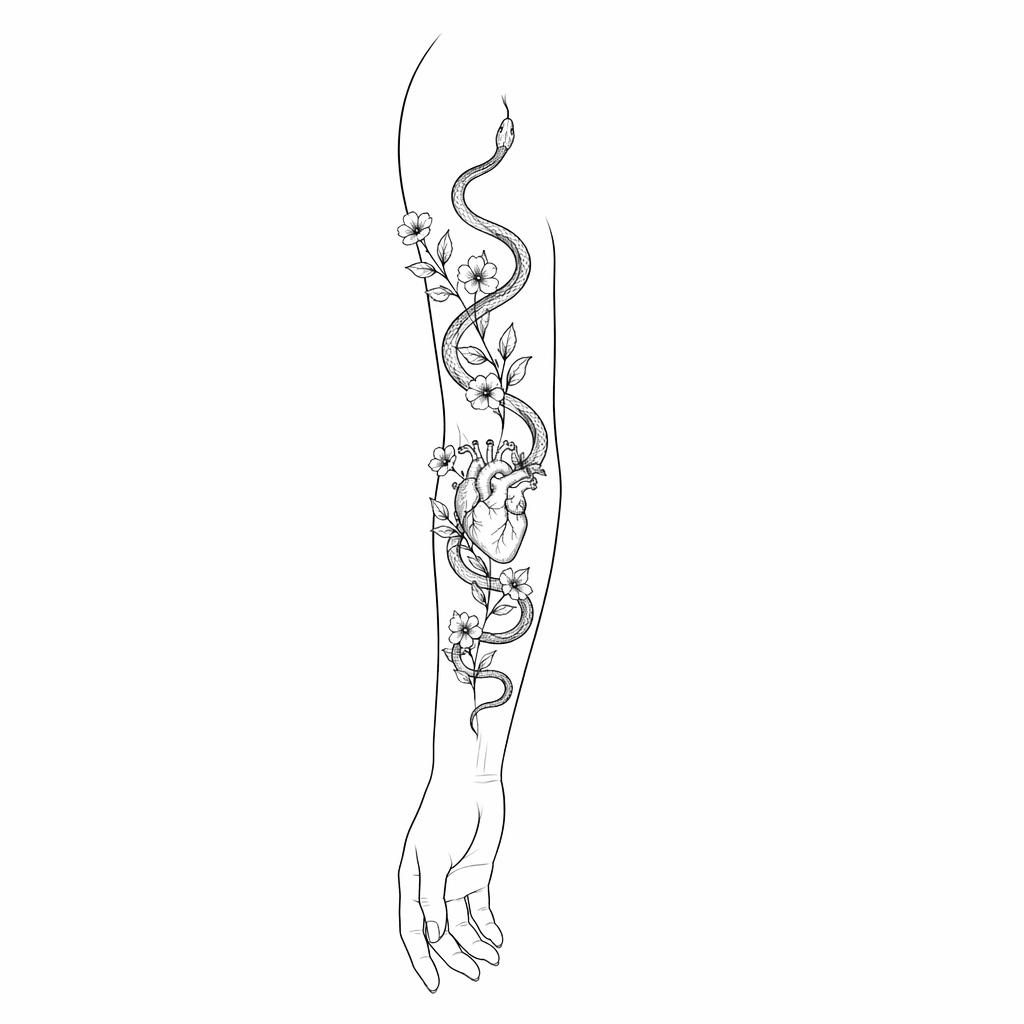 Diseño de tatuaje de serpiente minimalista en líneas finas sobre papel blanco, ilustración tipo flash sheet.
