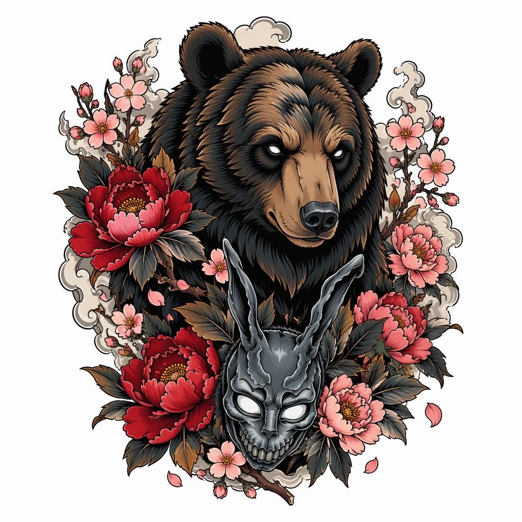 Neo traditional bear floral tattoo design on white paper in Japanese irezumi style, clean flash illustration, sharp lines.