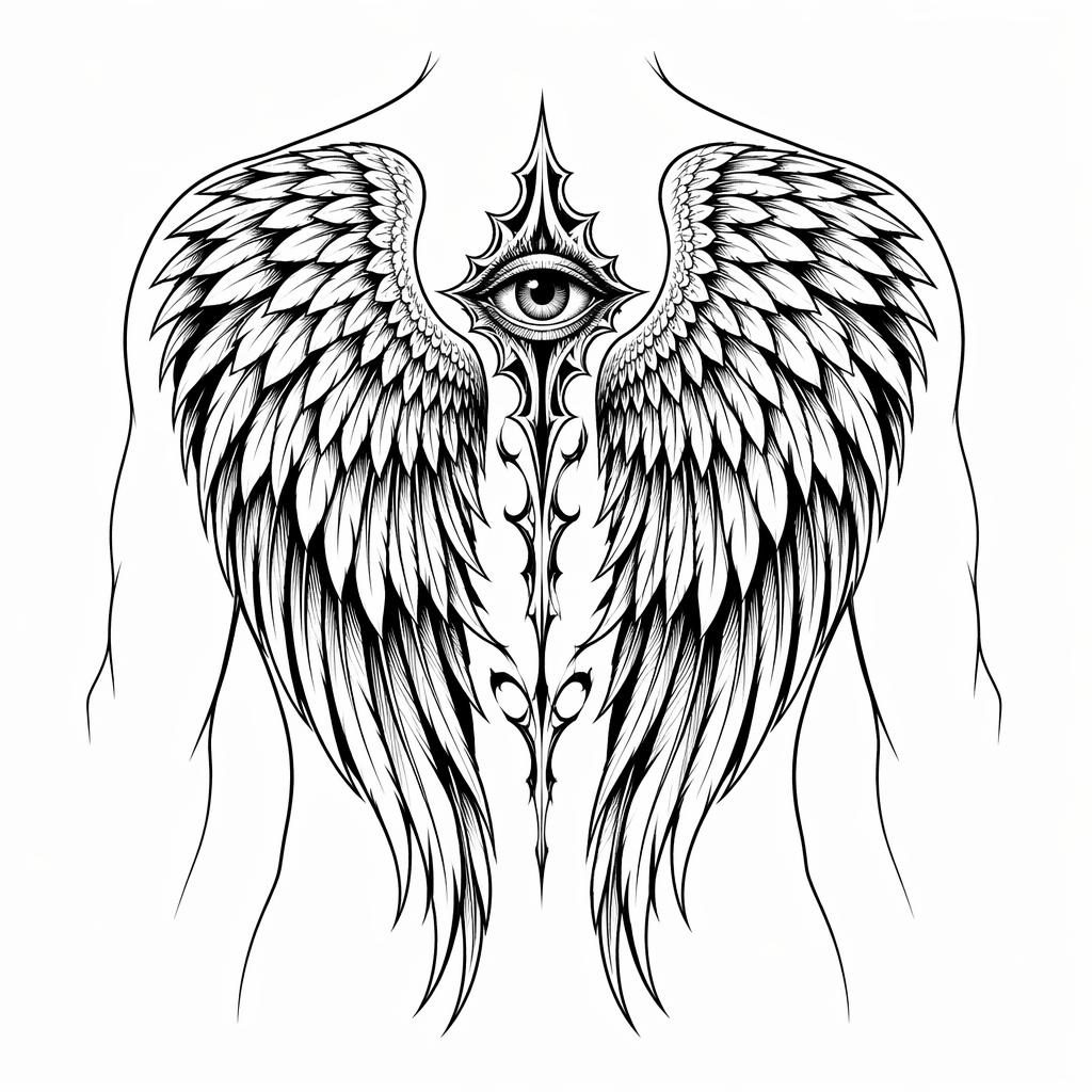 Tattoo-Design auf weißem Papier mit großen Engelsflügeln im Blackwork-Stil, klare Linien, hoher Kontrast.