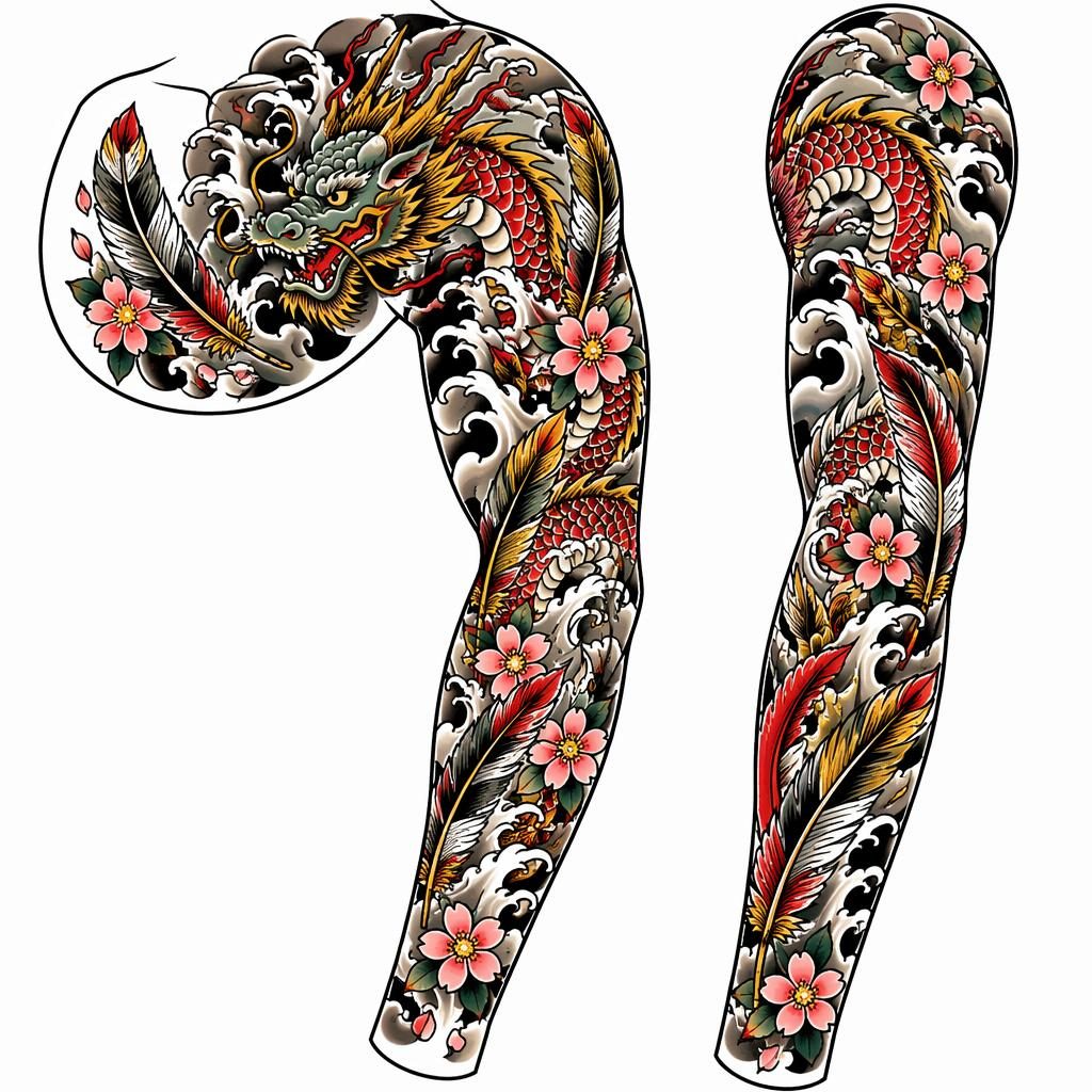 Sauberes Tattoo-Flash-Design auf weißem Papier mit Koi-Drache im Traditional-American-Stil, kontrastreich und klar.
