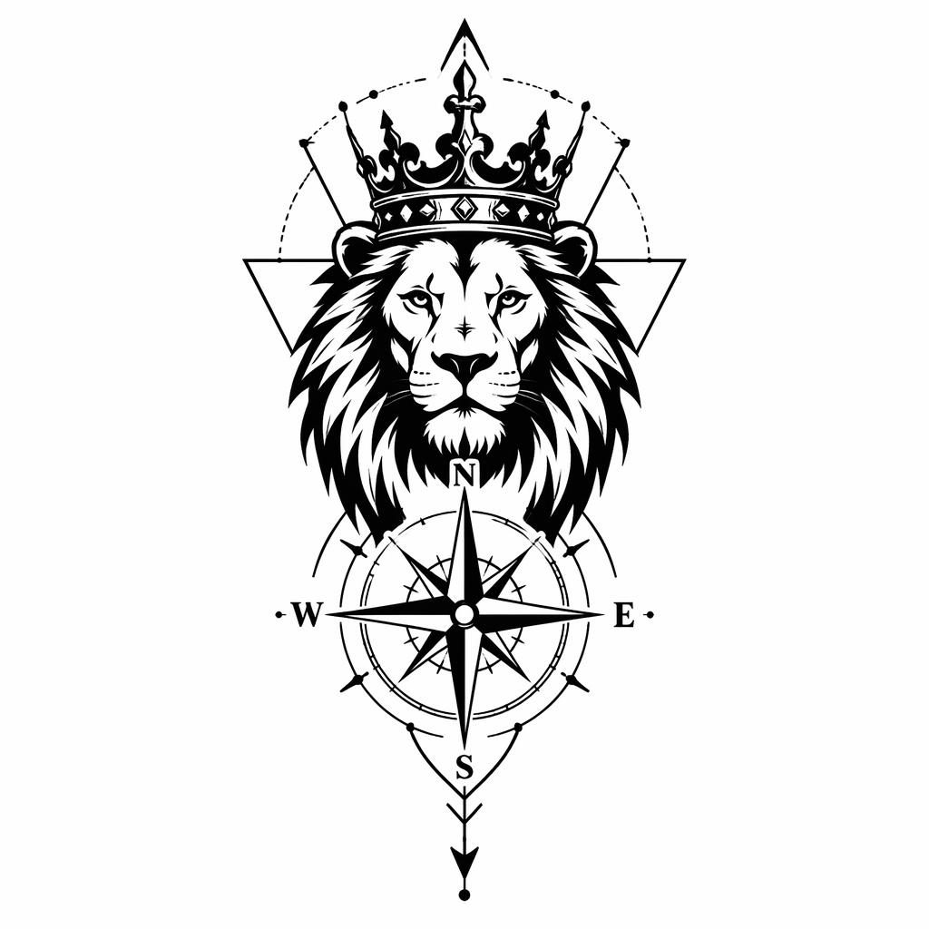 Desenho de tatuagem masculina em papel branco com leão coroado, bússola e detalhes geométricos em blackwork.