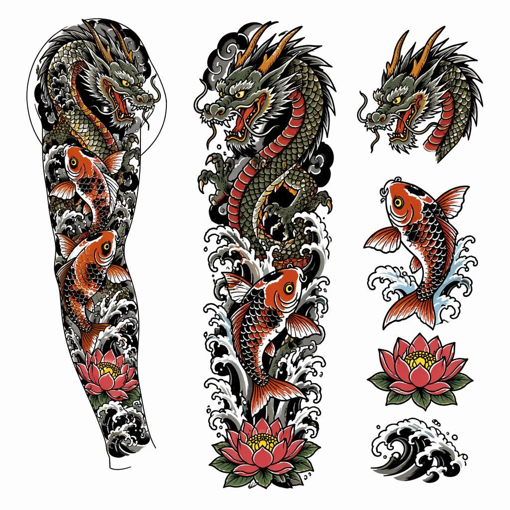 Traditional American tattoo flash of a koi dragon sleeve concept on white paper, clean sharp lines, high contrast.