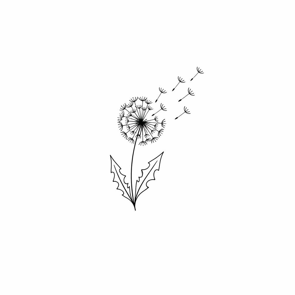 Minimalistische Fineline-Pusteblume als Tattoo-Design auf weißem Papier, scharfe Linien, Flash-Sheet-Stil.