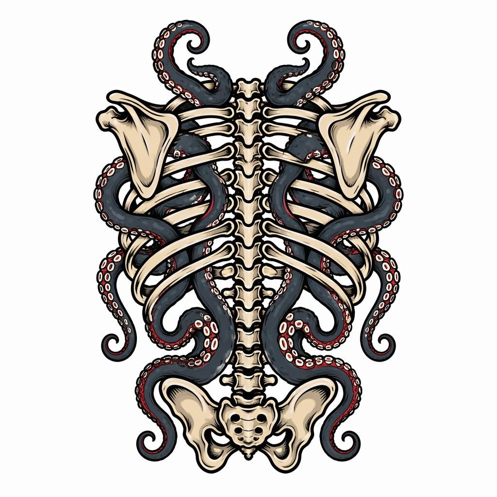 Traditional American tattoo flash concept on white paper showing octopus tentacles wrapped around rib bones in sharp black lines.