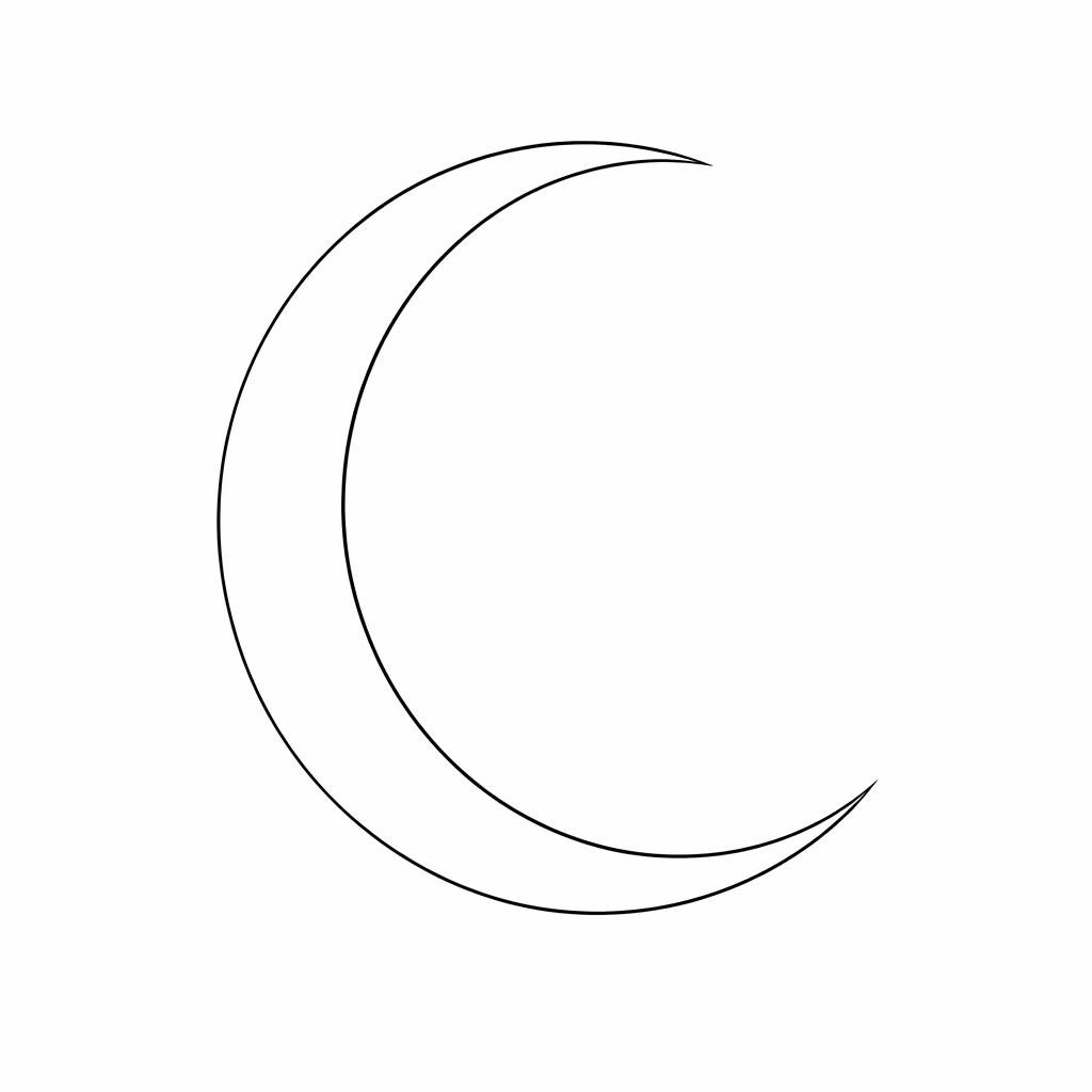 Minimalistische Fineline-Tattoo-Vorlage eines Halbmonds auf weißem Papier, klare schwarze Linien, ohne Schattierung.