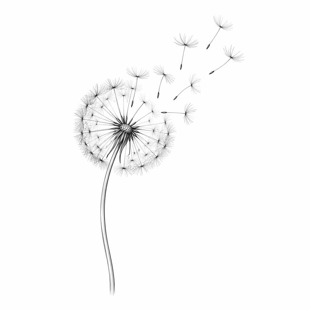 Diseño de tatuaje en papel blanco con diente de león minimalista fineline, líneas nítidas y alto contraste.