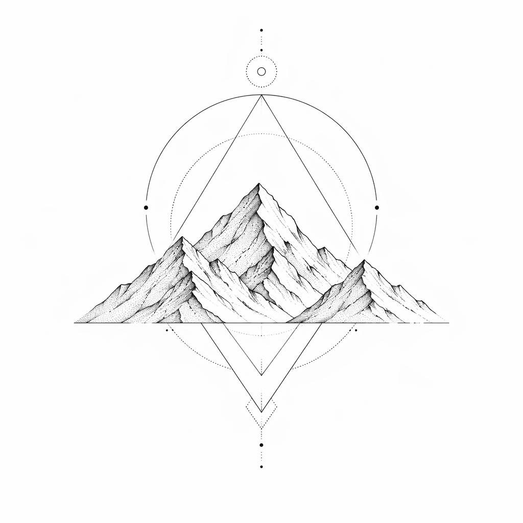 Minimalistisches Fineline-Bergmotiv auf weißem Papier, geometrisch mit Dotwork, klare Linien als Tattoo-Flash.