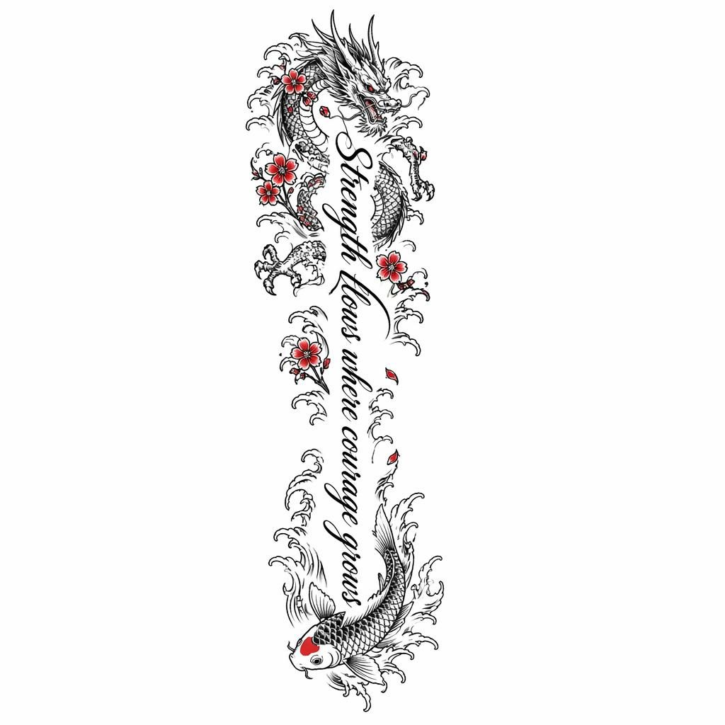 Tattoo-Design auf weißem Papier mit geschwungener Spine-Cursive-Schrift im japanischen Irezumi-Stil, klare Linien