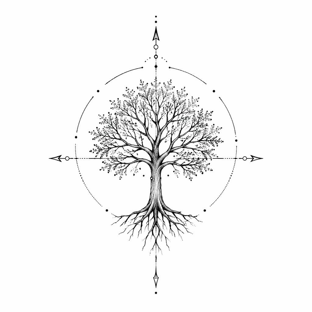 Diseño de tatuaje en papel blanco con árbol blackwork dotwork en estilo linework, pequeño y de alto contraste