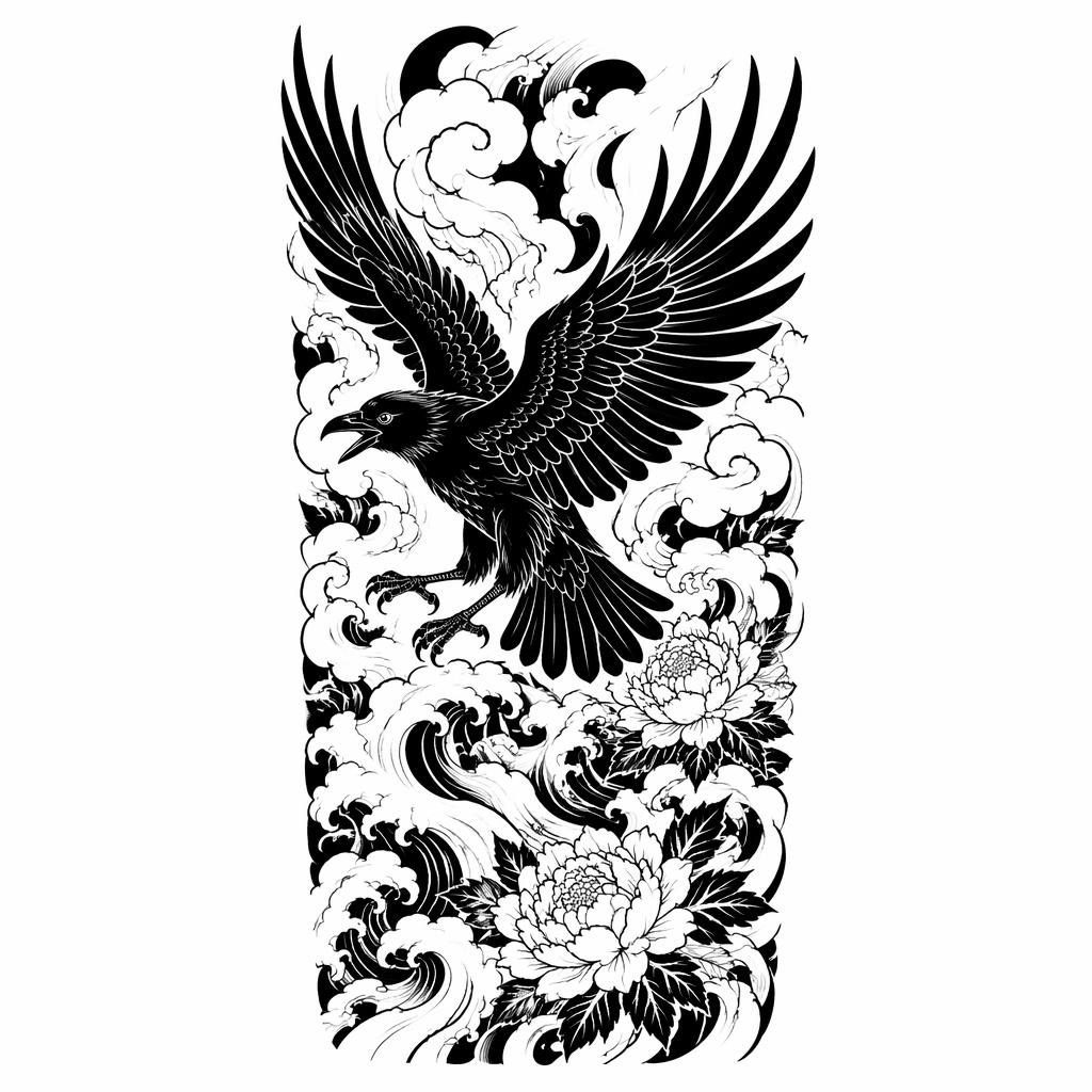 Blackwork raven with spread wings drawn on white paper in clean flash-sheet style with sharp high-contrast lines.
