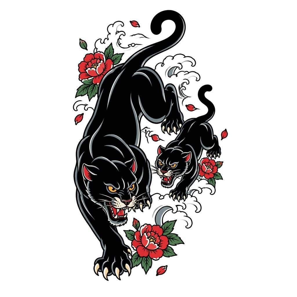 Japanese irezumi panther crawl tattoo design on white paper, clean flash-sheet illustration with sharp black lines.