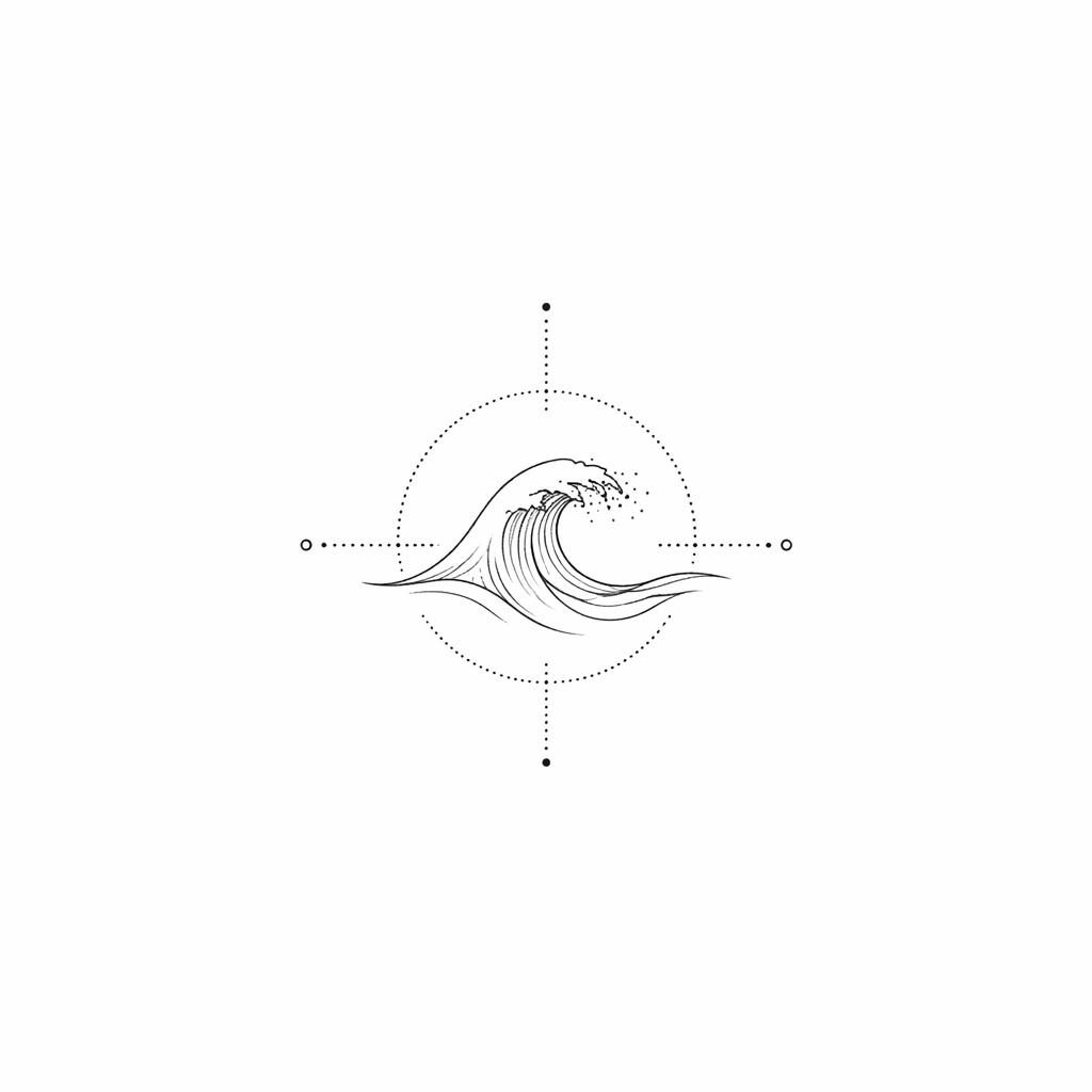 Minimalist fineline wave tattoo design on white paper, geometric dotwork style, tiny flash-sheet illustration.