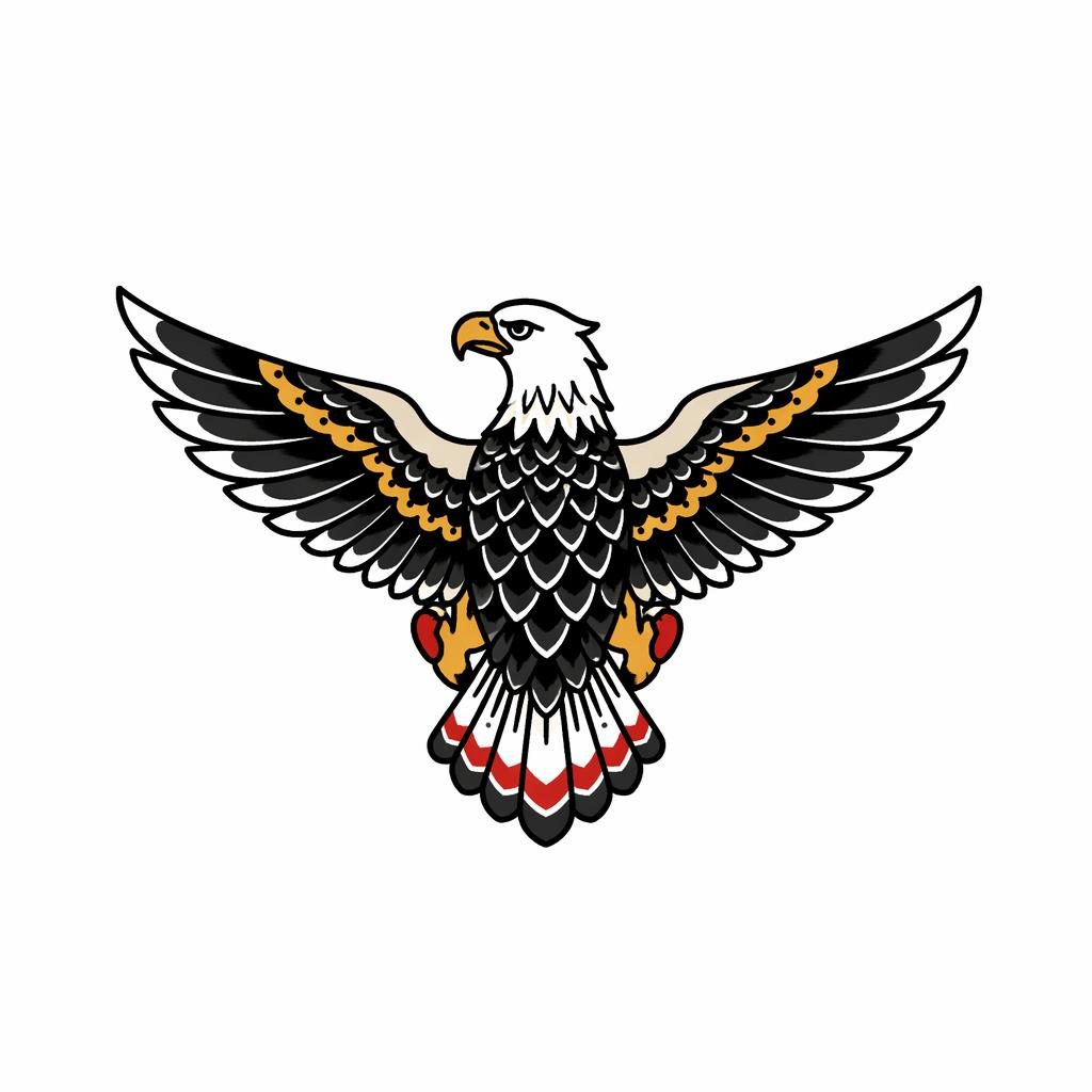 Neo-traditional eagle back tattoo design on white paper, tiny flash-style illustration with sharp lines and high contrast.