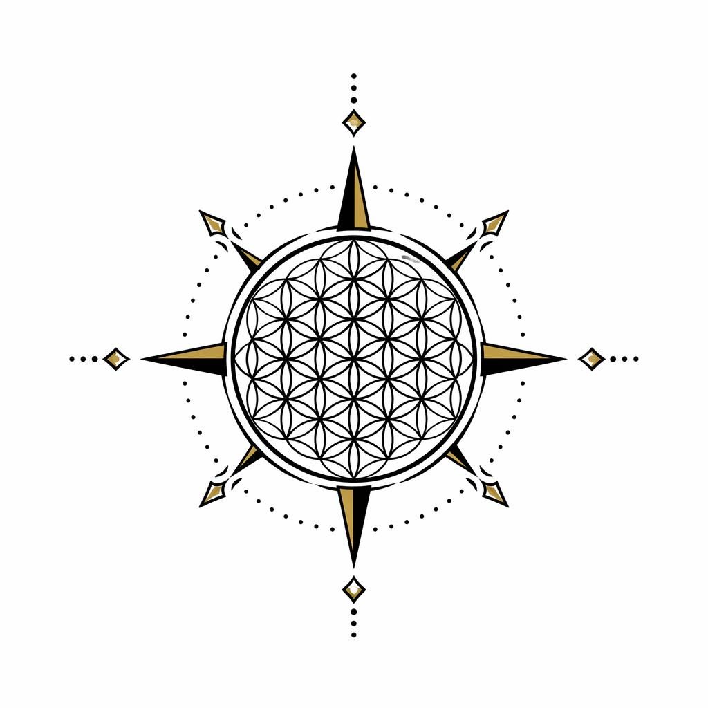 Kleine Tattoo-Zeichnung auf weißem Papier: Flower of Life in neo-traditionellem Flash-Stil, scharfe Linien, hoher Kontrast.