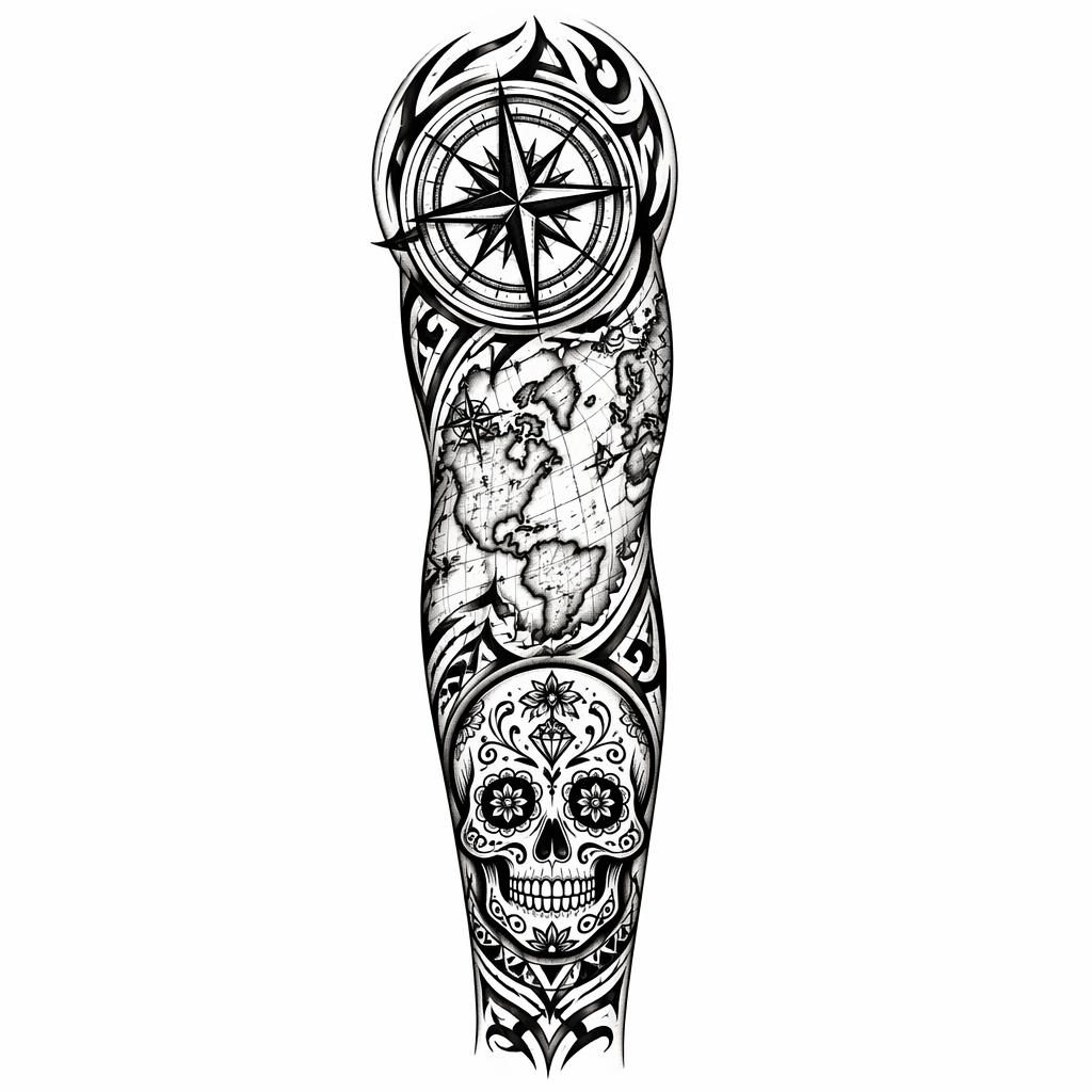 Illustration de tatouage style tribal sur fond blanc, avec boussole et carte, pensée pour poitrine ou manche complète