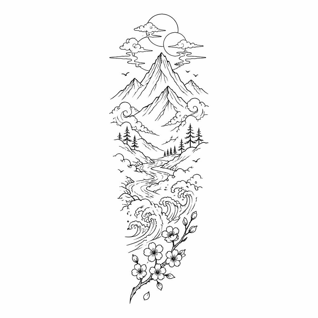 Mountain range linework tattoo concept on white paper in Japanese irezumi flash style, sharp black lines, plain background