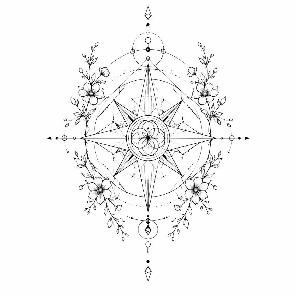 Fineline tattoo flash of a sacred geometry compass on white paper, minimalist black linework, high contrast, plain background.