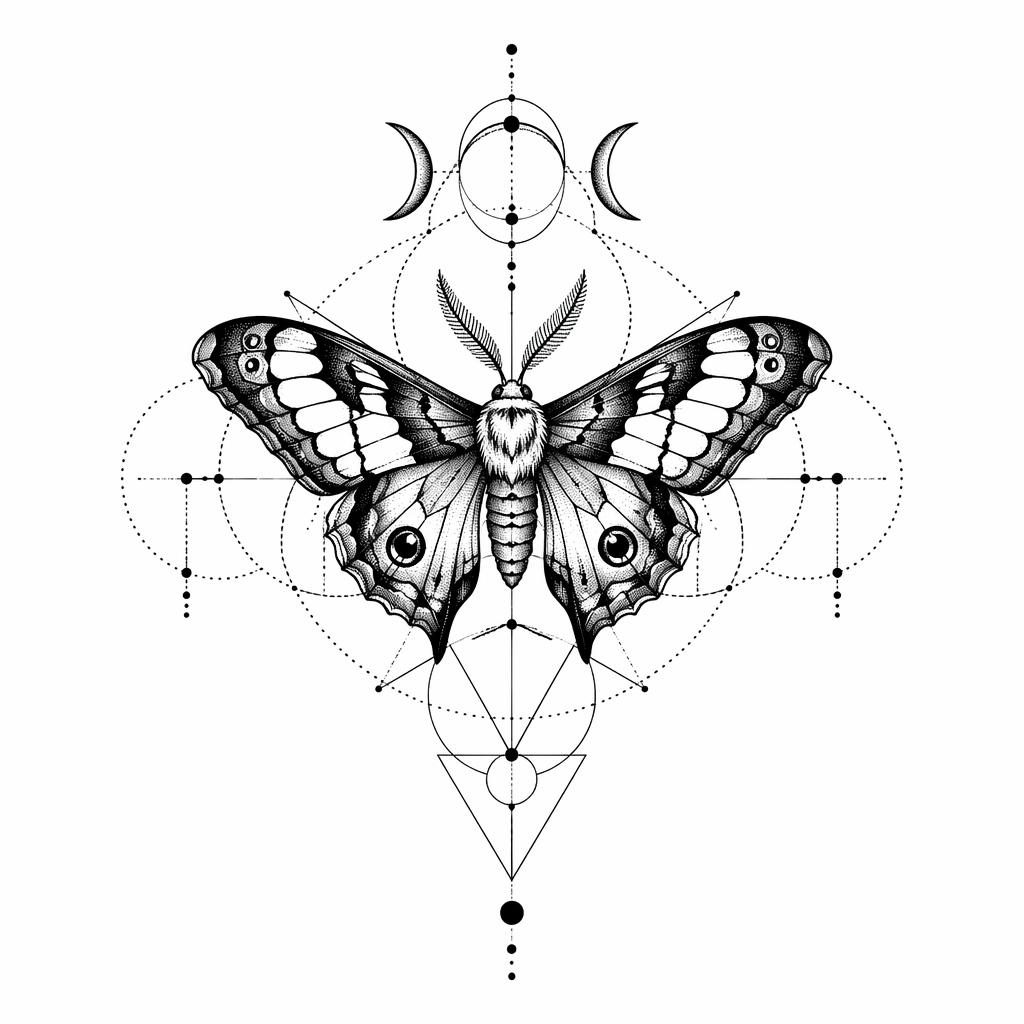 Schwarze Tattoo-Vorlage einer geometrischen Motte auf weißem Papier, Blackwork mit Dotwork und klaren Linien.