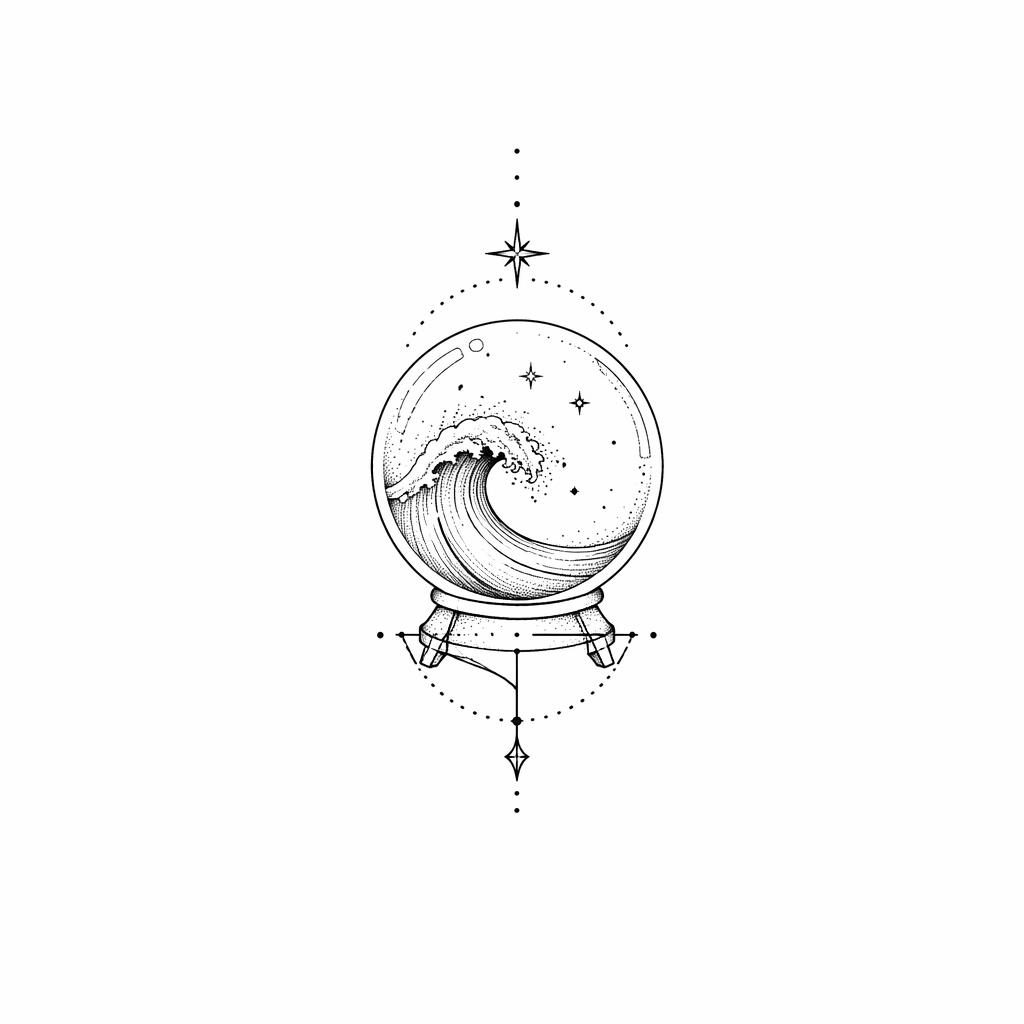 Minimalist fineline wave tattoo design on white paper, geometric dotwork flash-sheet style with sharp black lines.