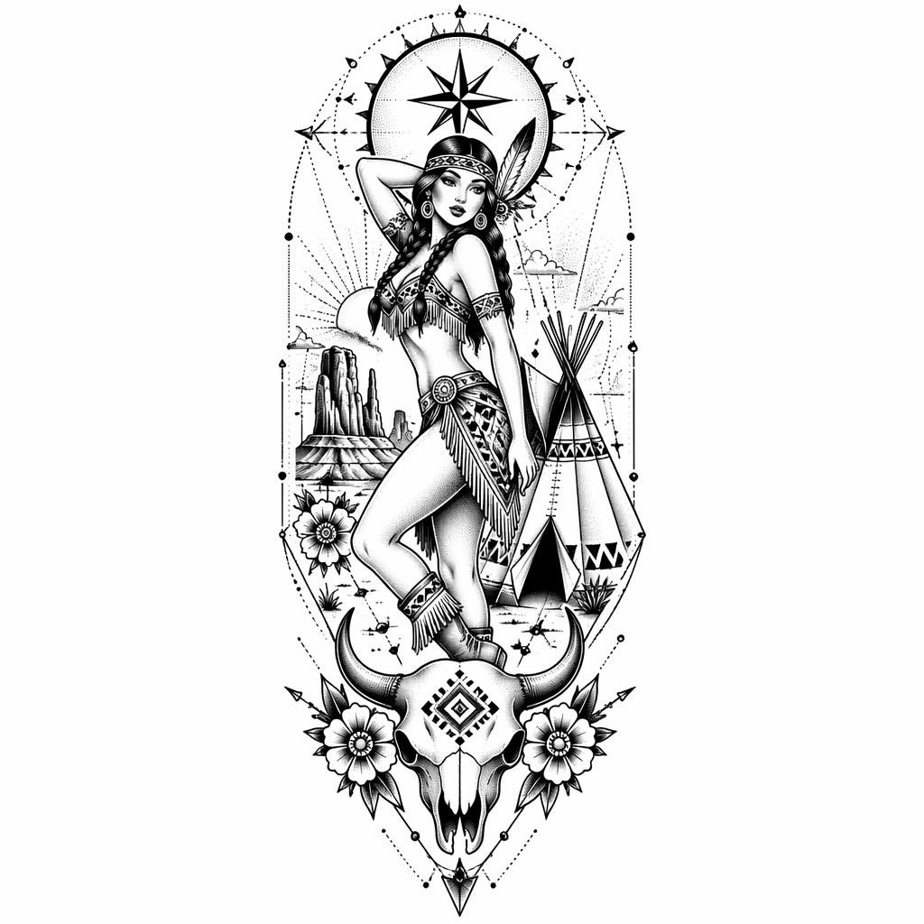 Geometric dotwork Sailor Jerry pinup tattoo design on white paper, clean flash-sheet line art for calf or sleeve panel.
