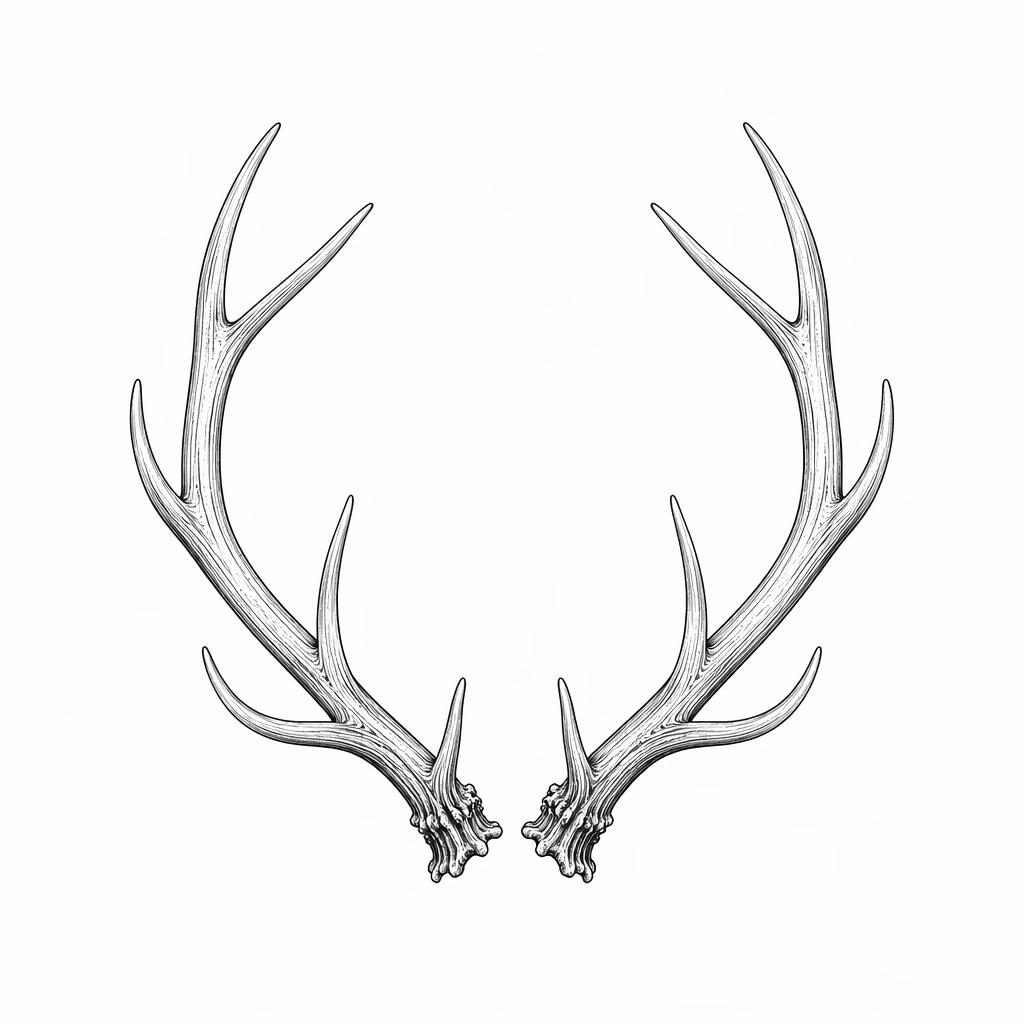Diseño de tatuaje de astas de ciervo realistas en papel blanco, estilo fineline minimalista, líneas nítidas y alto contraste.