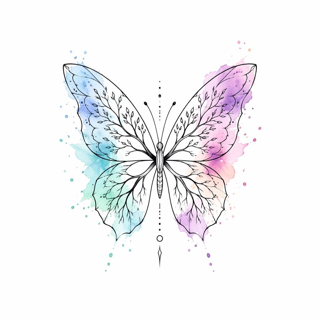 Minimalist fineline butterfly tattoo design on white paper with watercolor splash accents, clean sharp flash-sheet lines.