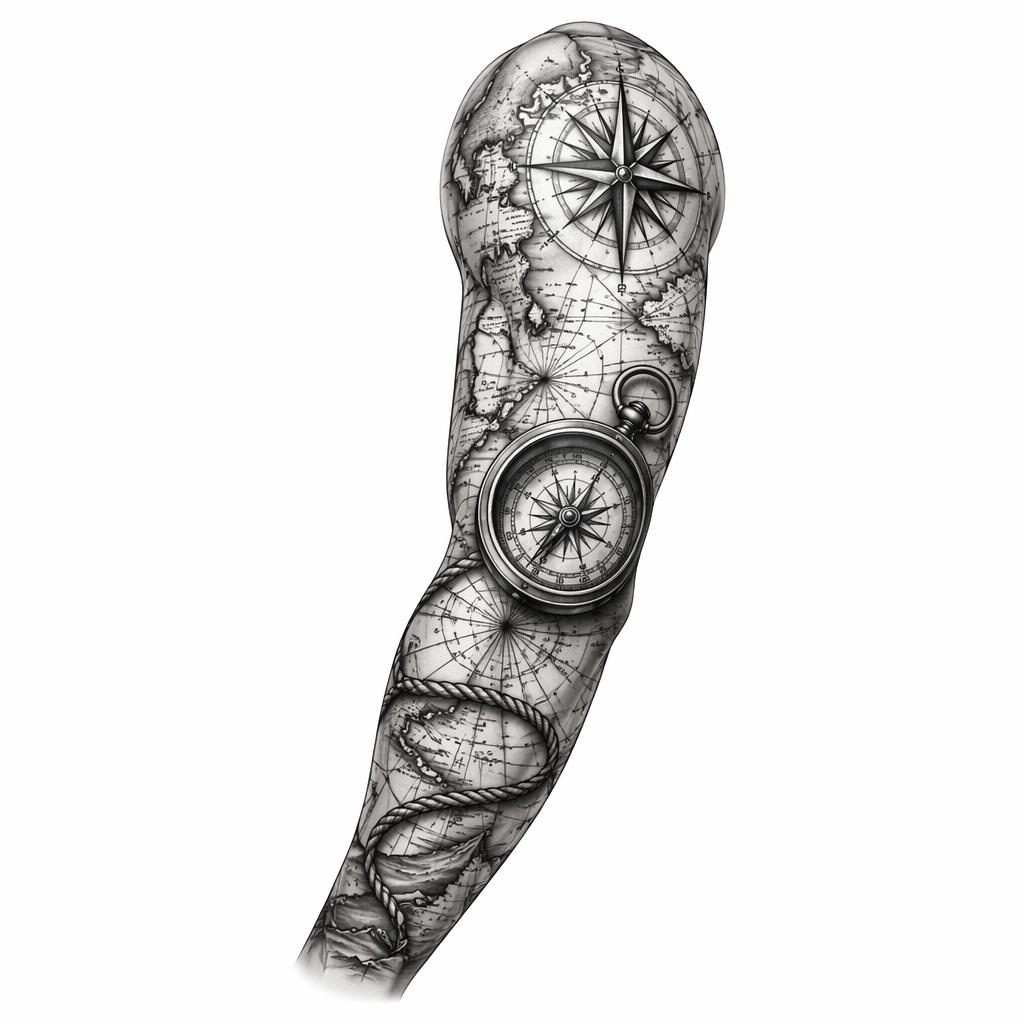 Tattoo-Entwurf auf weißem Papier mit Kompass- und Kartenmotiv für den Unterarm, klare Linien, hoher Kontrast