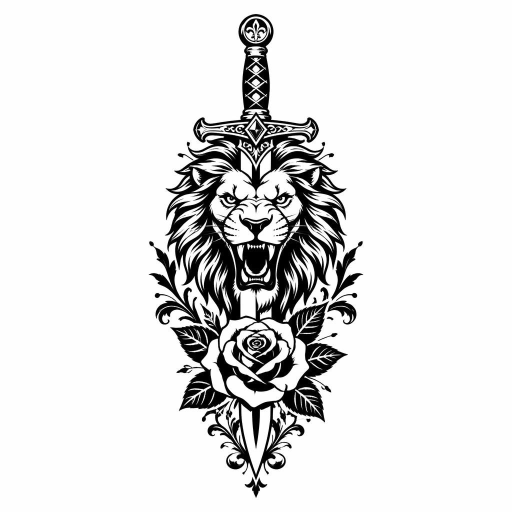 Desenho de tatuagem em papel branco com leão rugindo, adaga, rosa e ornamentos em blackwork de alto contraste.