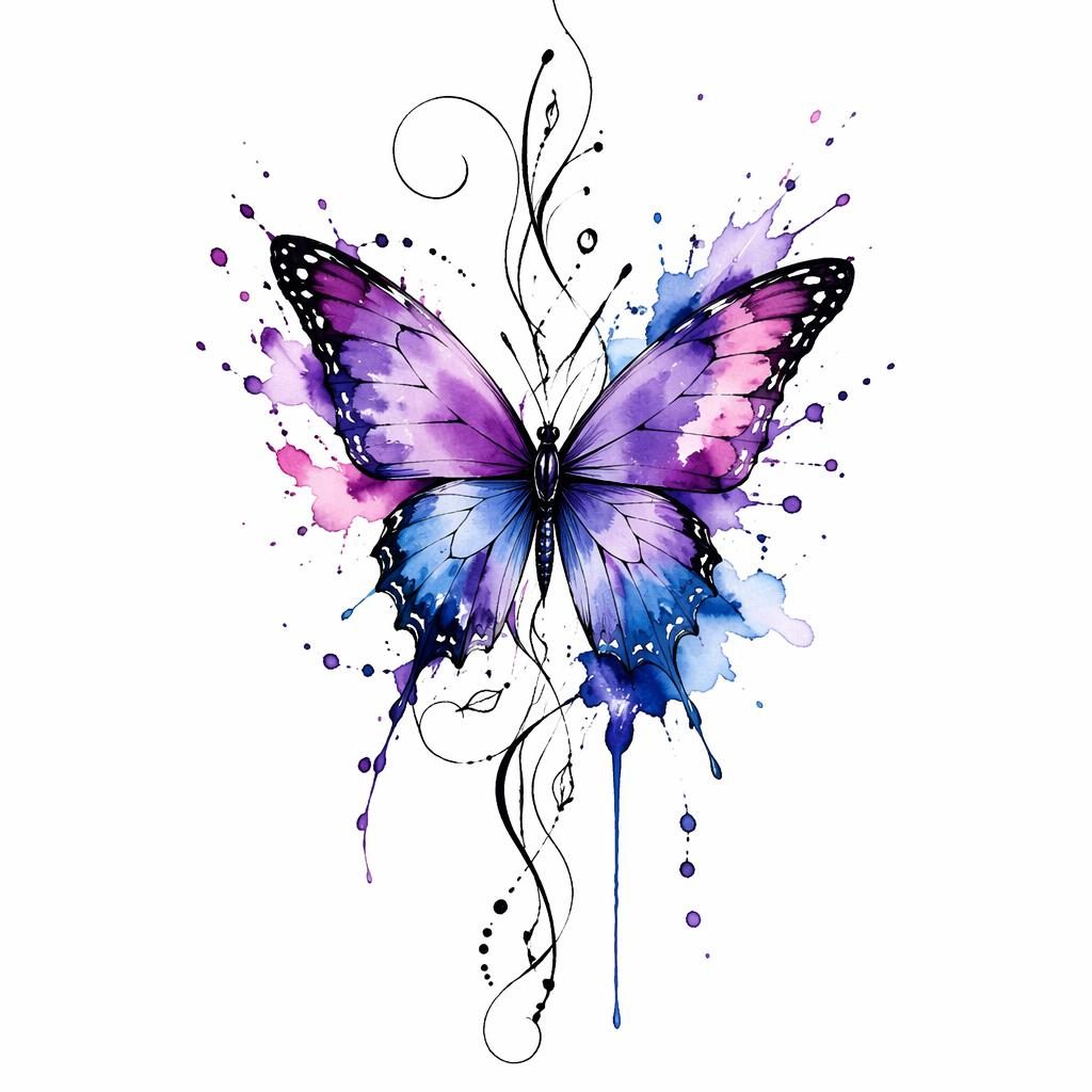 Tattoo-Design auf weißem Papier: Aquarell-Schmetterling mit Splash-Effekt, klare Linien, hohe Kontraste.
