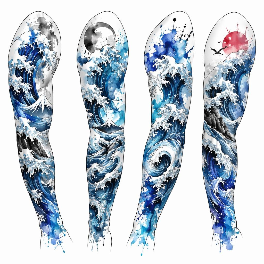 Tattoo-Design auf weißem Papier mit japanischer Welle im Full-Sleeve-Stil, Aquarell-Splash, klare Linien, hoher Kontrast