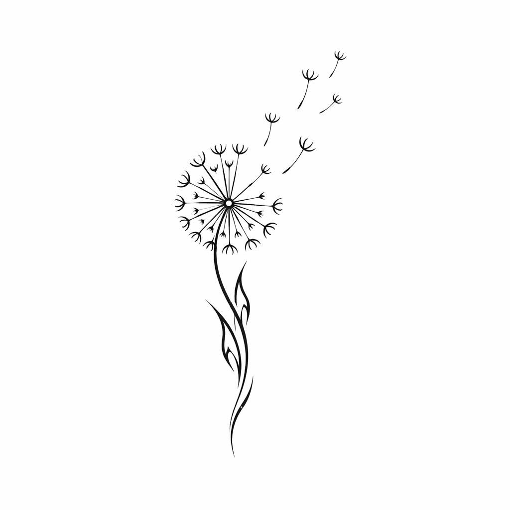 Diseño de tatuaje en papel blanco con diente de león minimalista fineline de estilo tribal, líneas negras nítidas.