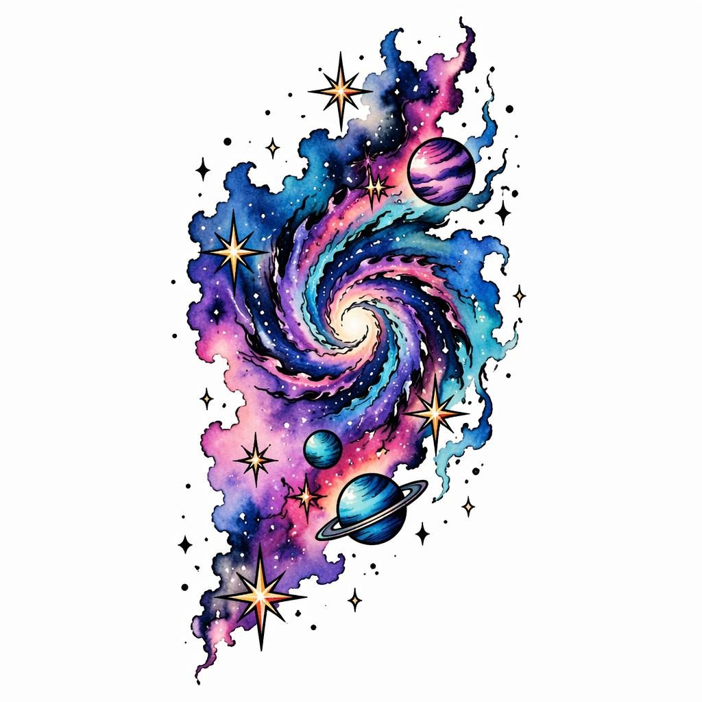 Tattoo-Design auf weißem Papier: abstrakte Aquarell-Galaxie im Traditional-American-Stil, klare Konturen, hoher Kontrast