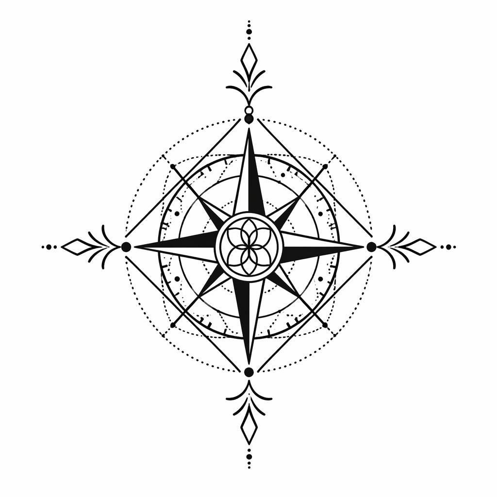 Tattoo-Design auf weißem Papier: Sacred-Geometry-Kompass im Traditional-American-Stil, schwarze klare Linien, Flashsheet