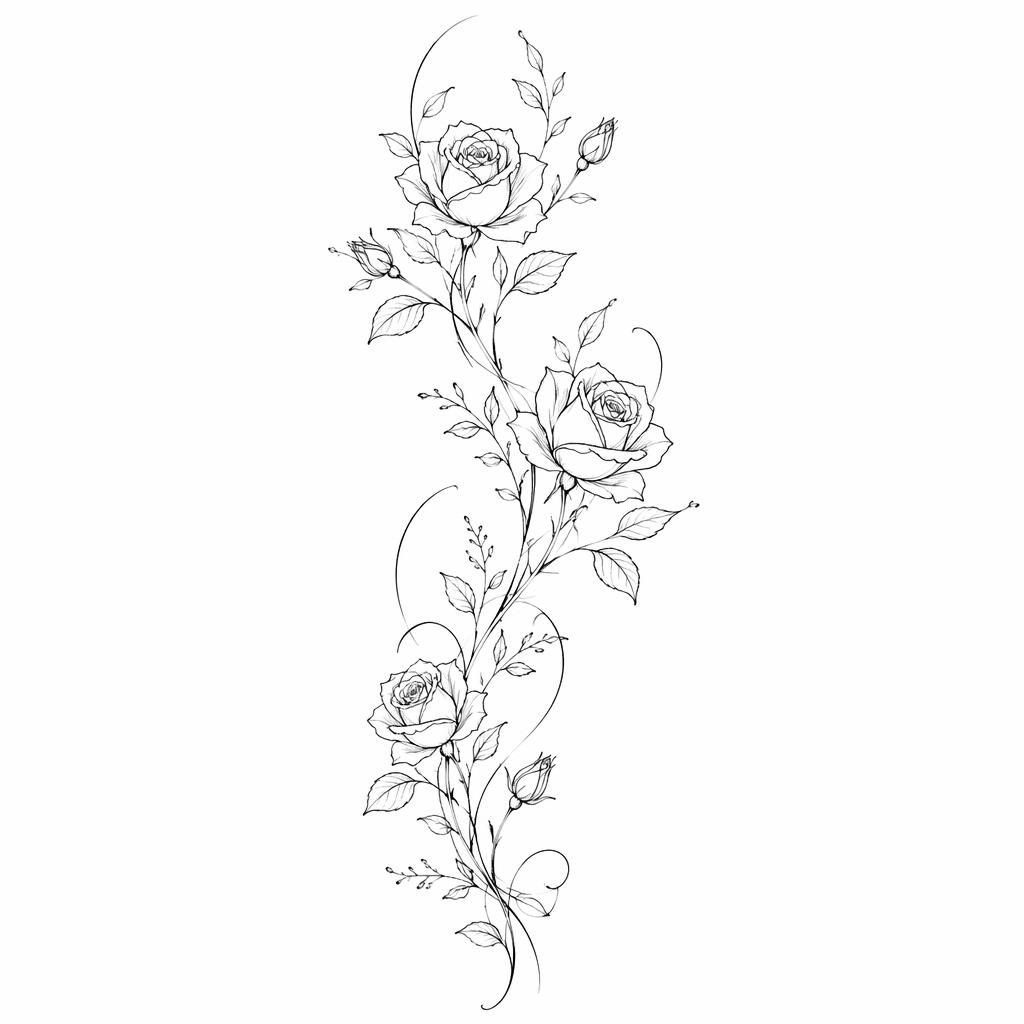 Diseño de tatuaje en papel blanco con rosa minimalista fineline en linework, alto contraste y líneas nítidas.