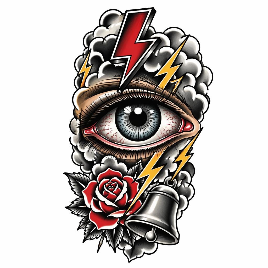 Tattoo-Design auf weißem Papier mit makro Realismus-Auge im Traditional-American-Stil, klare Linien, hoher Kontrast