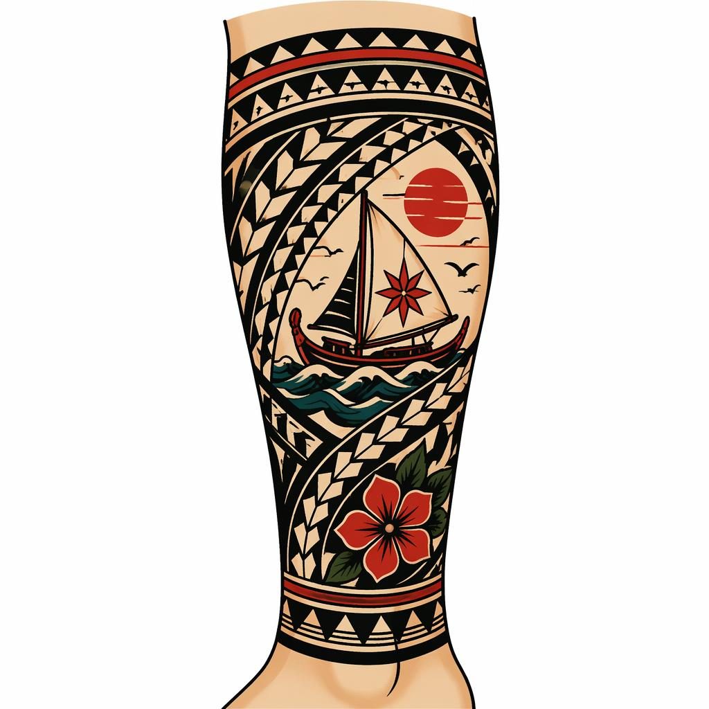 Neo-traditional Samoan calf wrap tattoo design on white paper, high-contrast flash-sheet linework for ankle placement