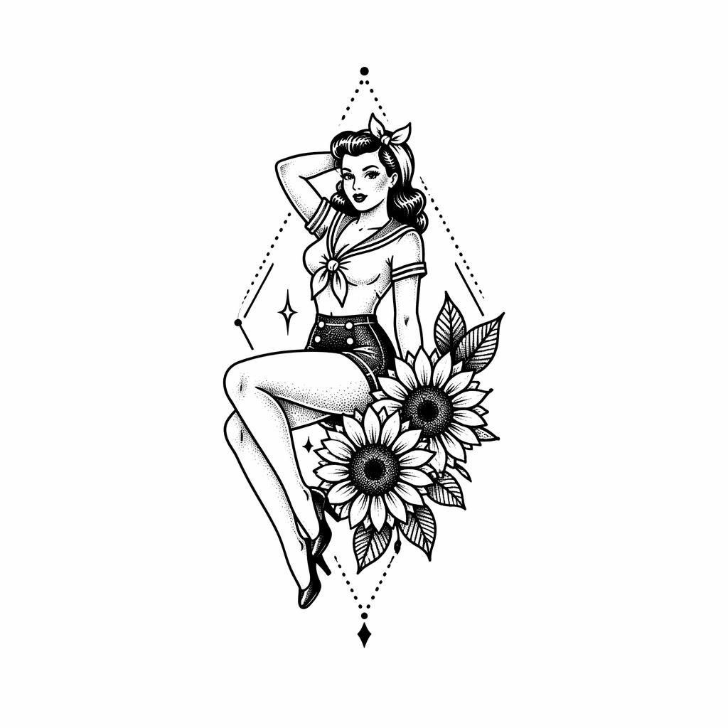 Diseño de tatuaje en papel blanco de pin-up Sailor Jerry con enfoque geométrico y dotwork, líneas negras nítidas.