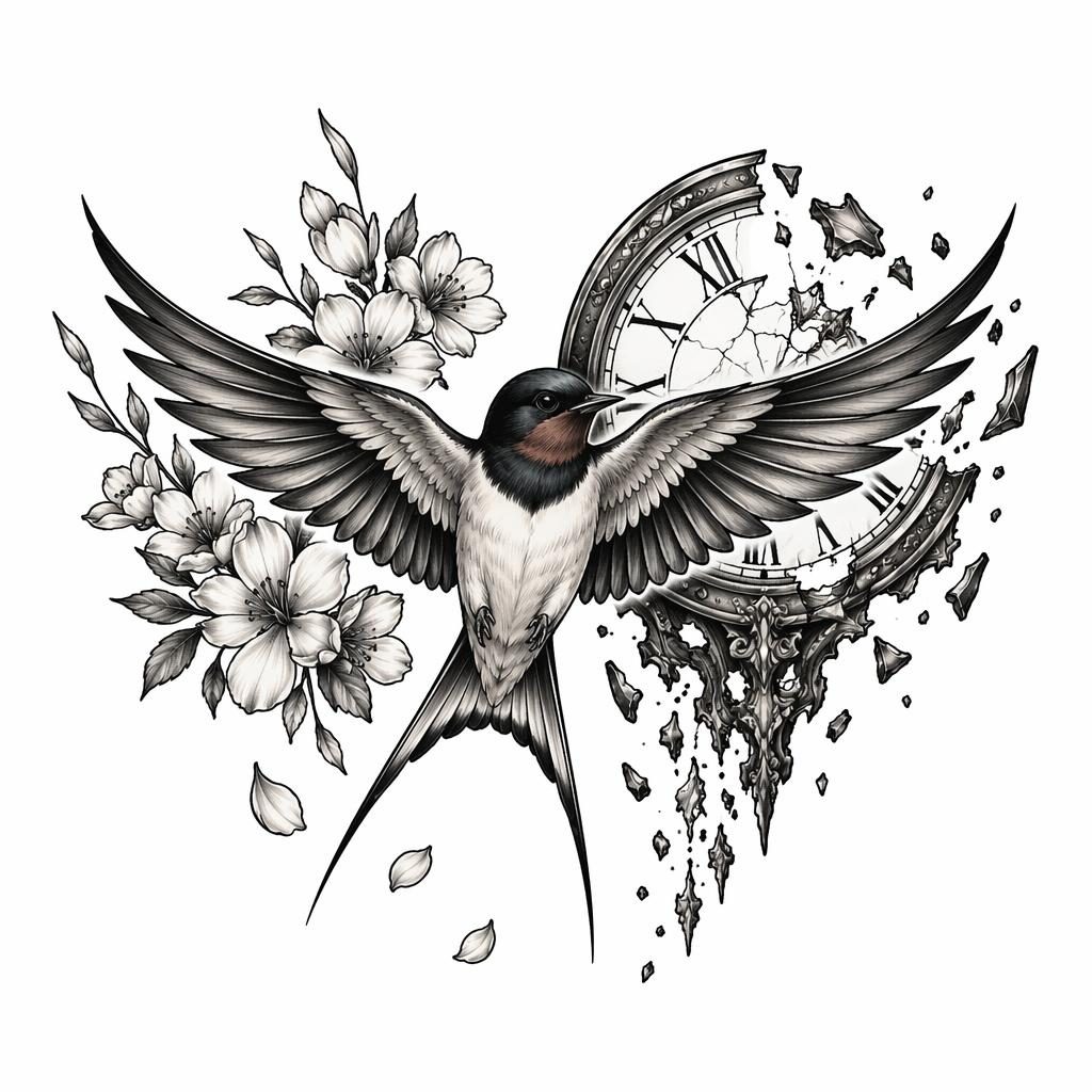 Tattoo-Design einer traditionellen Schwalbe als Brustmotiv auf weißem Papier, kontrastreich mit klaren Linien