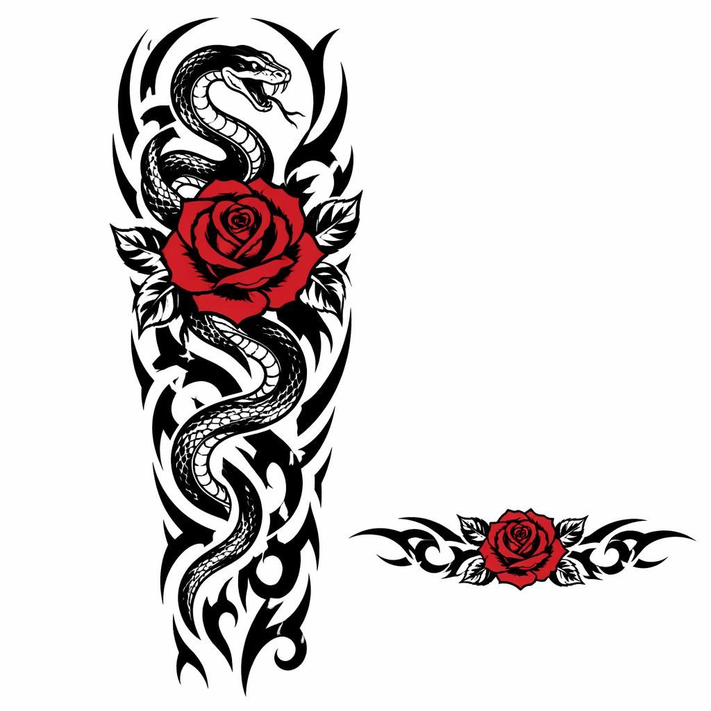 Tattoo-Entwurf auf weißem Papier mit Tribal-Schlange und Rose als Armband-Motiv für das Handgelenk