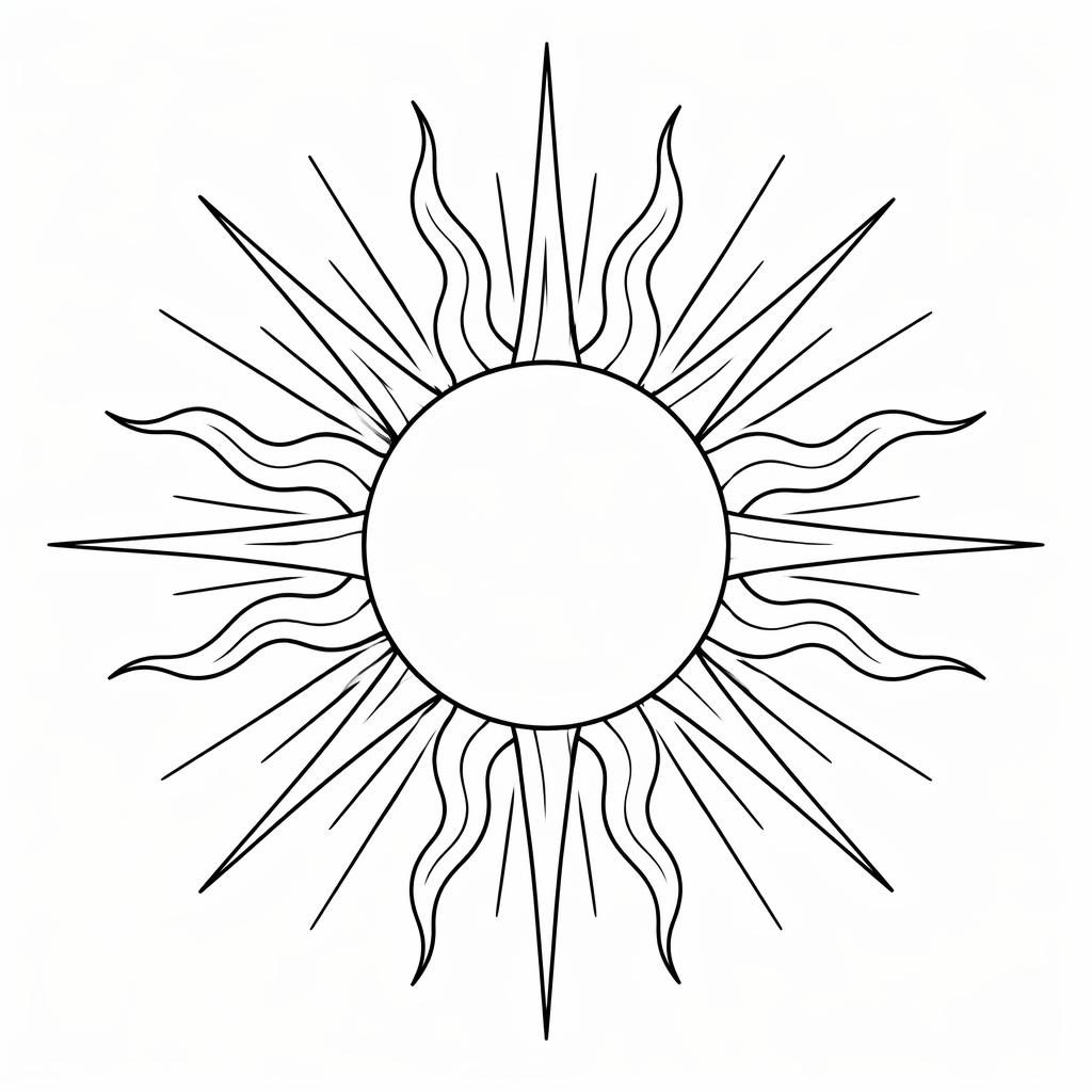 Minimalist fineline sun rays tattoo design on white paper, clean flash-sheet illustration with sharp black lines.