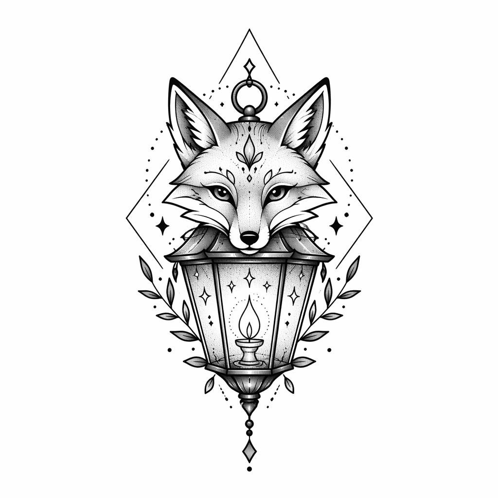 Diseño de tatuaje en papel blanco de un zorro con farol, estilo neo tradicional geométrico y dotwork.