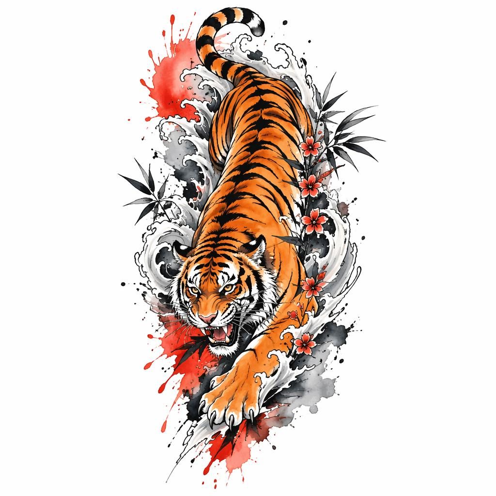 Watercolor splash tattoo flash on white paper showing a crawling Japanese tiger with sharp lines and high contrast.