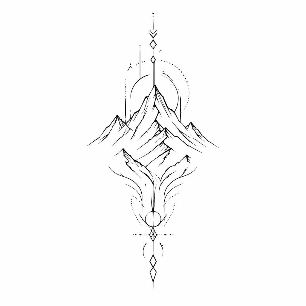 Minimalistický fineline motiv hor v tribal stylu na bílém papíře, čisté ostré linie bez stínování.
