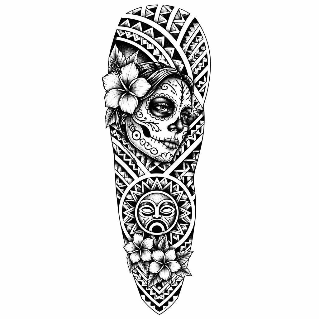 Black tribal Polynesian sleeve tattoo design on white paper with geometric dotwork, sharp lines, and flash-sheet style.