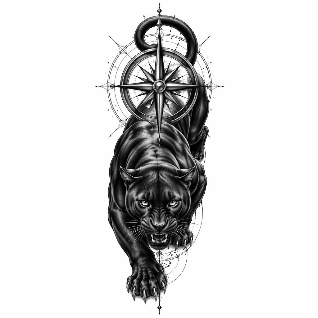 Tattoo-Entwurf auf weißem Papier: traditioneller kriechender Panther, klare Linien, hoher Kontrast, Flashsheet-Stil