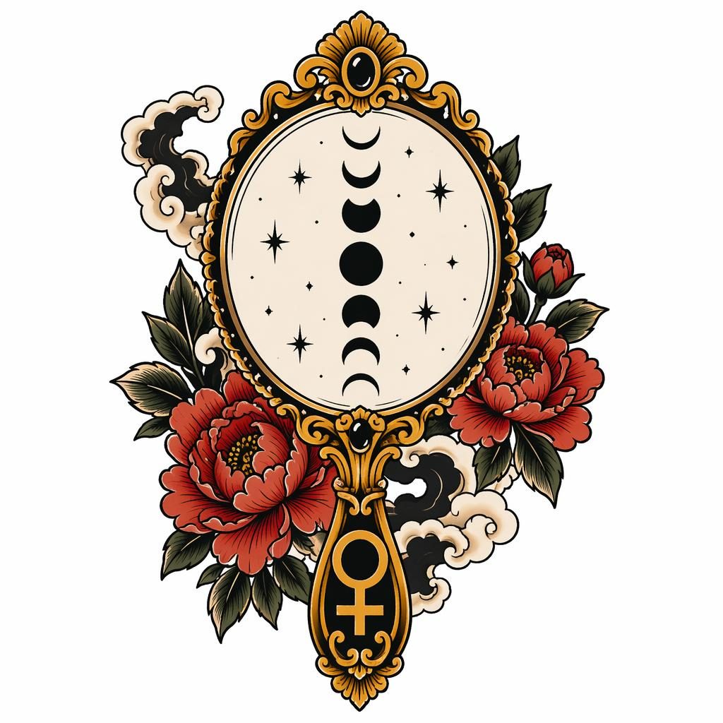 Diseño de tatuaje en papel blanco de un espejo de Venus neo tradicional, líneas nítidas y contraste alto estilo irezumi.