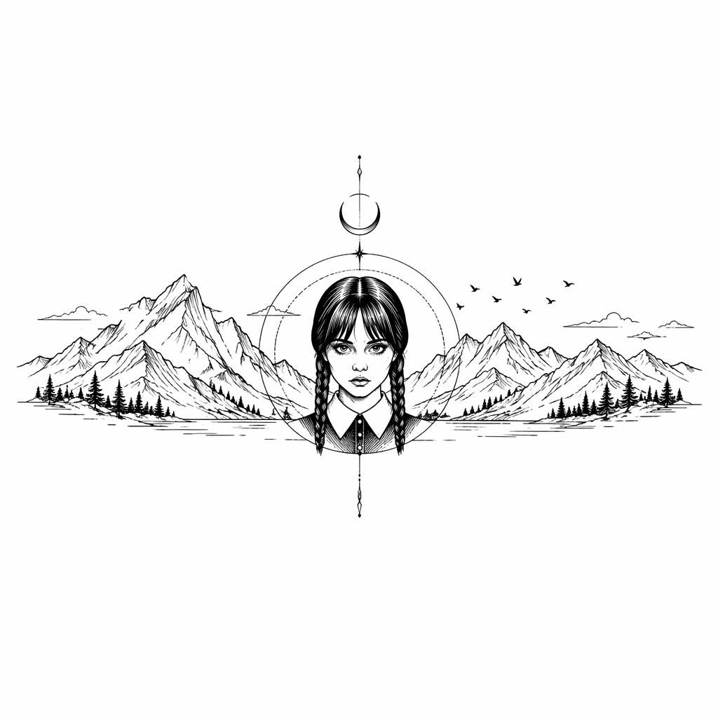 Mountain range linework tattoo design on white paper, clean flash-style illustration with sharp black outlines.