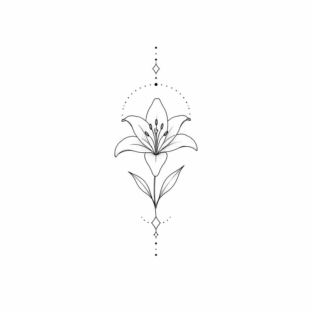 Minimalist fineline lily tattoo design on white paper with geometric dotwork, tiny ankle flash illustration