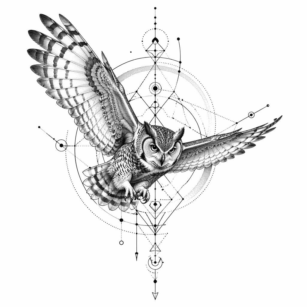 Tattoo design on white paper showing a realistic owl in flight with geometric dotwork lines in clean flash-sheet style.